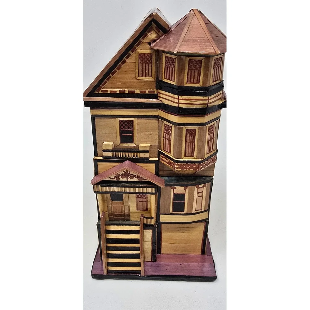 Vtg Red Company straw bamboo marquetry balsa wood trinket jewelry box house